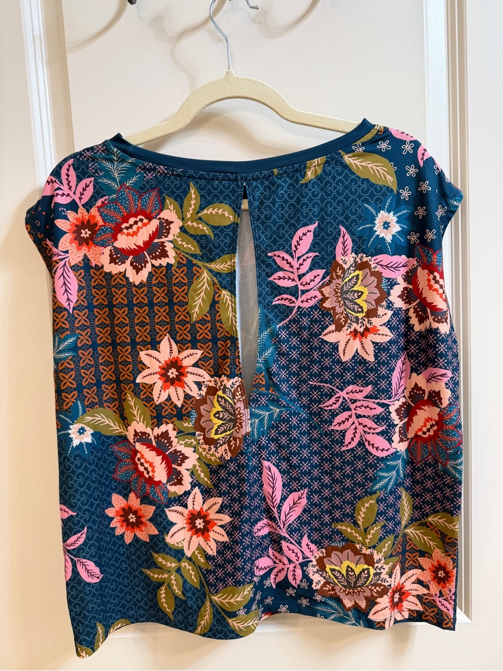 Johnny Was Navy Floral Short Sleeve Tee with Pink & Green Accents - Picture 2 of 4